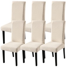 Fuloon Jacquard Stretch Box Cushion Dining Chair Cover | 6 PCS | Beige